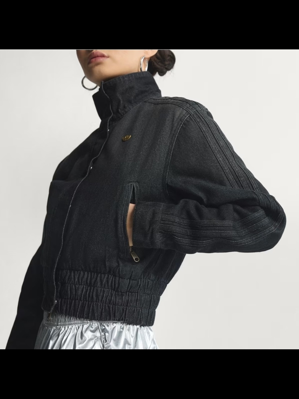 adidas Black Washed Denim Cropped Bomber Jacket - Picture 2 of 3